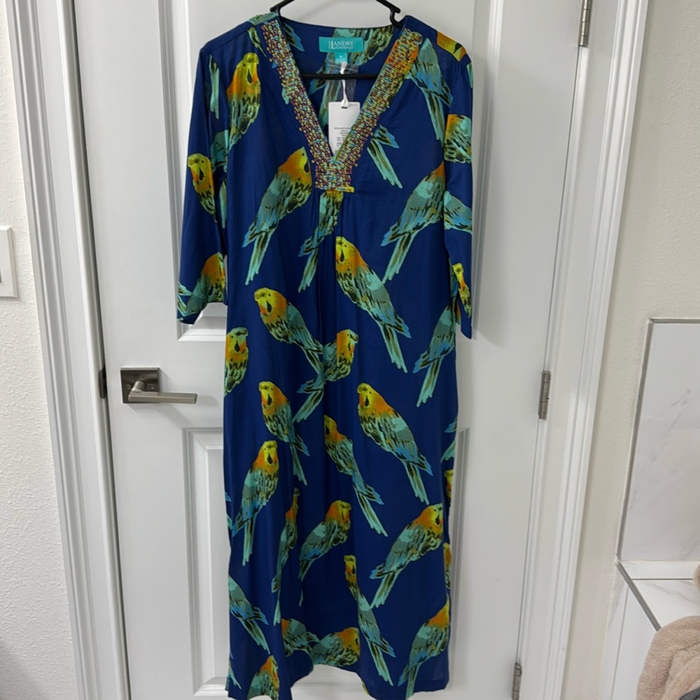 Kate Landry Casuals Embellished Blue Bird Print Maxi Dress Caftan